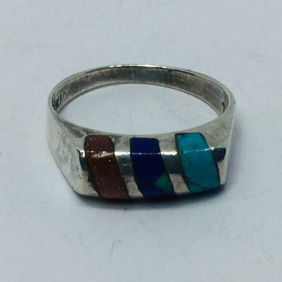 SOLD Sterling TAXCO Ring Pyrite, Lapis & Turquoise - Picture 6 of 8